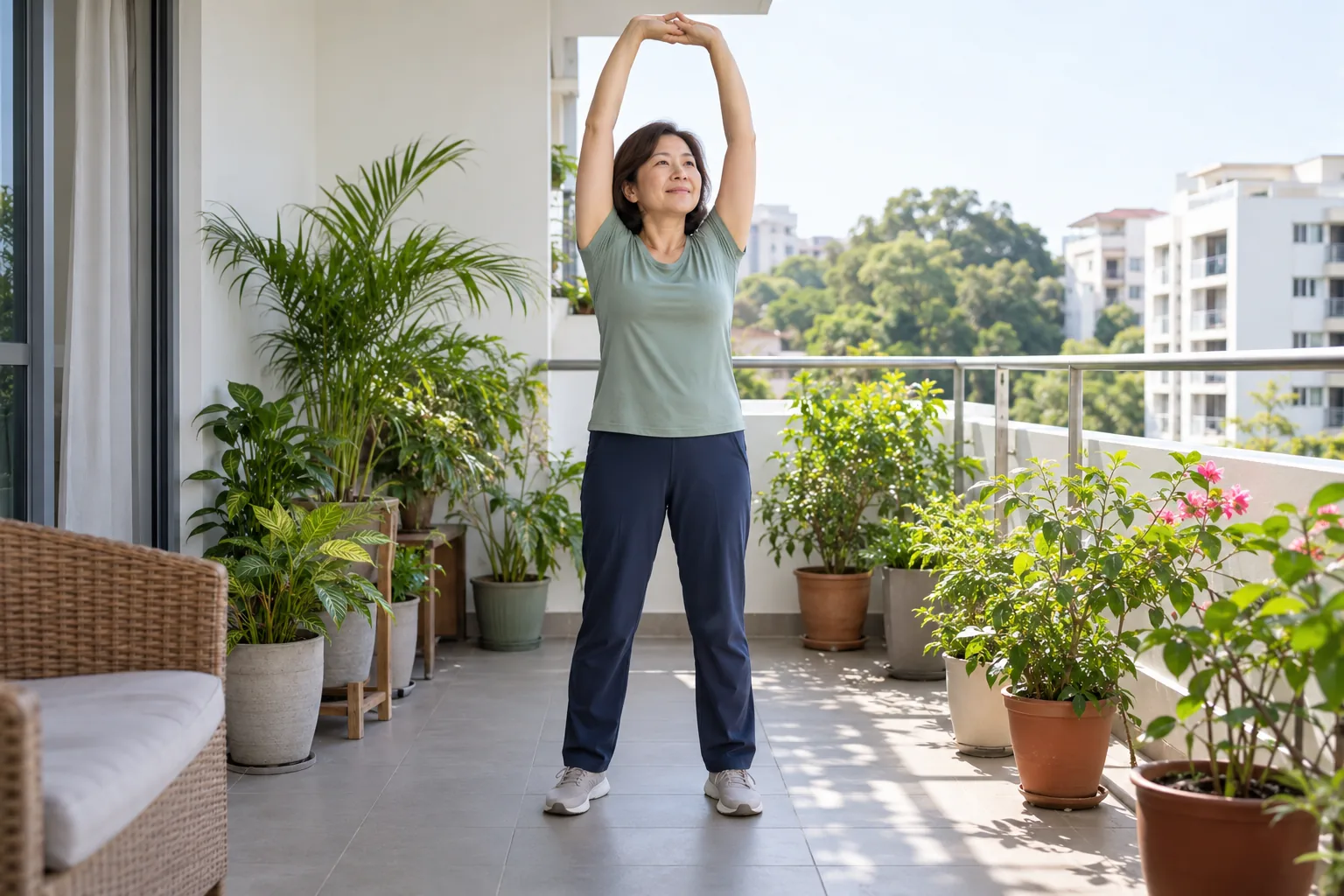 A Chinese woman performs a gentle standing stretch on her home balcony.