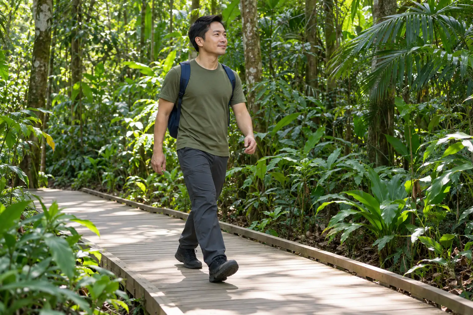 A Chinese man walks along a tropical forest boardwalk in a nature reserve.