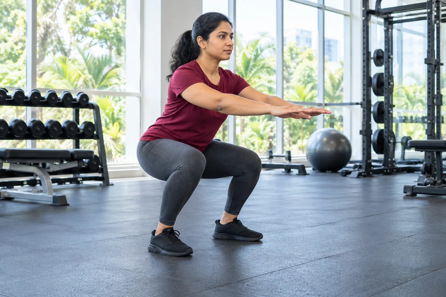 An Indian woman performs a controlled bodyweight squat in a bright community gym.