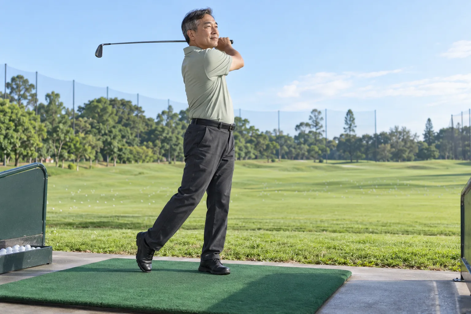 A Chinese man finishes a smooth golf swing at a driving range.