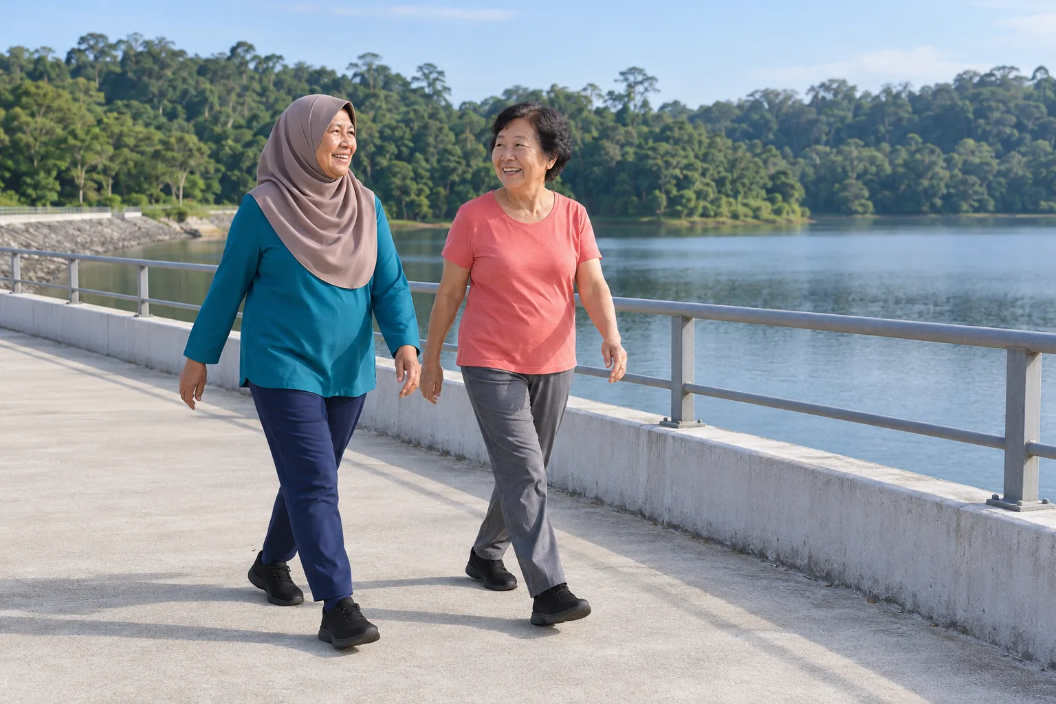 A Malay woman walks with a Chinese friend along a reservoir dam path.