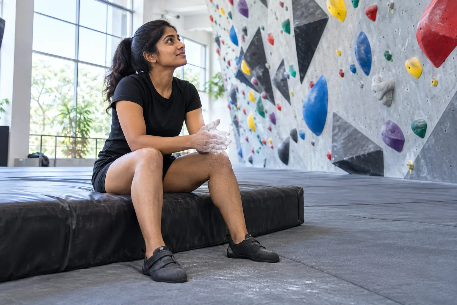 A climber sits on the edge of a bouldering mat and rubs chalk into her hands while looking up at the wall.