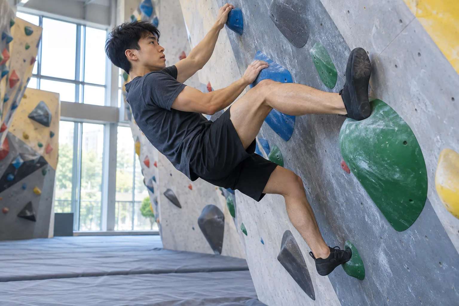 A young man on an indoor bouldering wall presses up on one deeply bent knee above a thick mat.