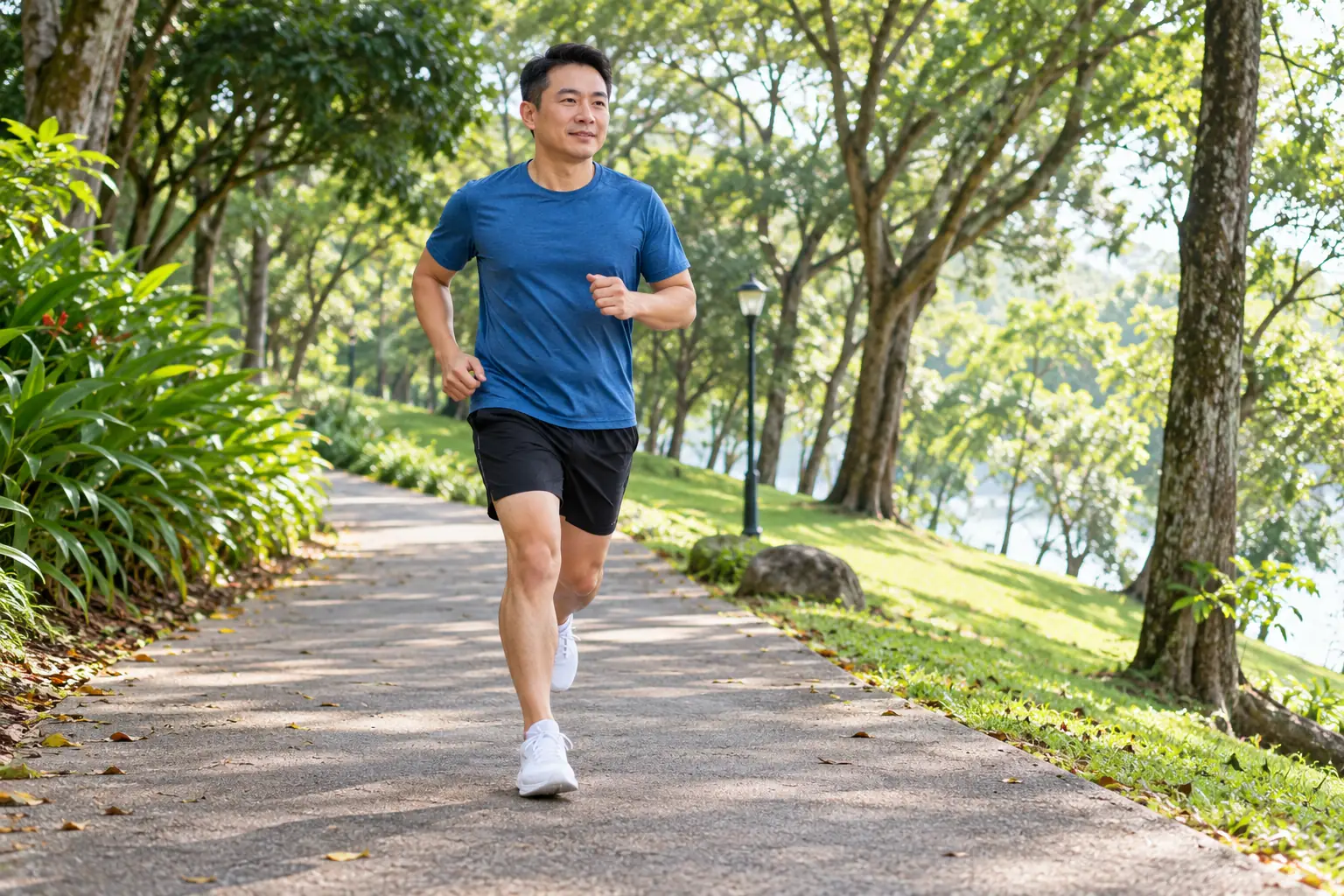 A man jogs down a gentle tree-lined slope with his leading knee bent.