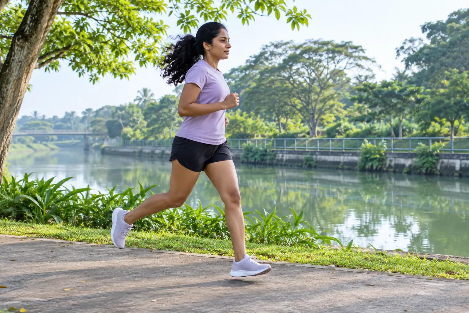 A woman runs mid-stride along a park path beside a canal with her legs and feet visible.