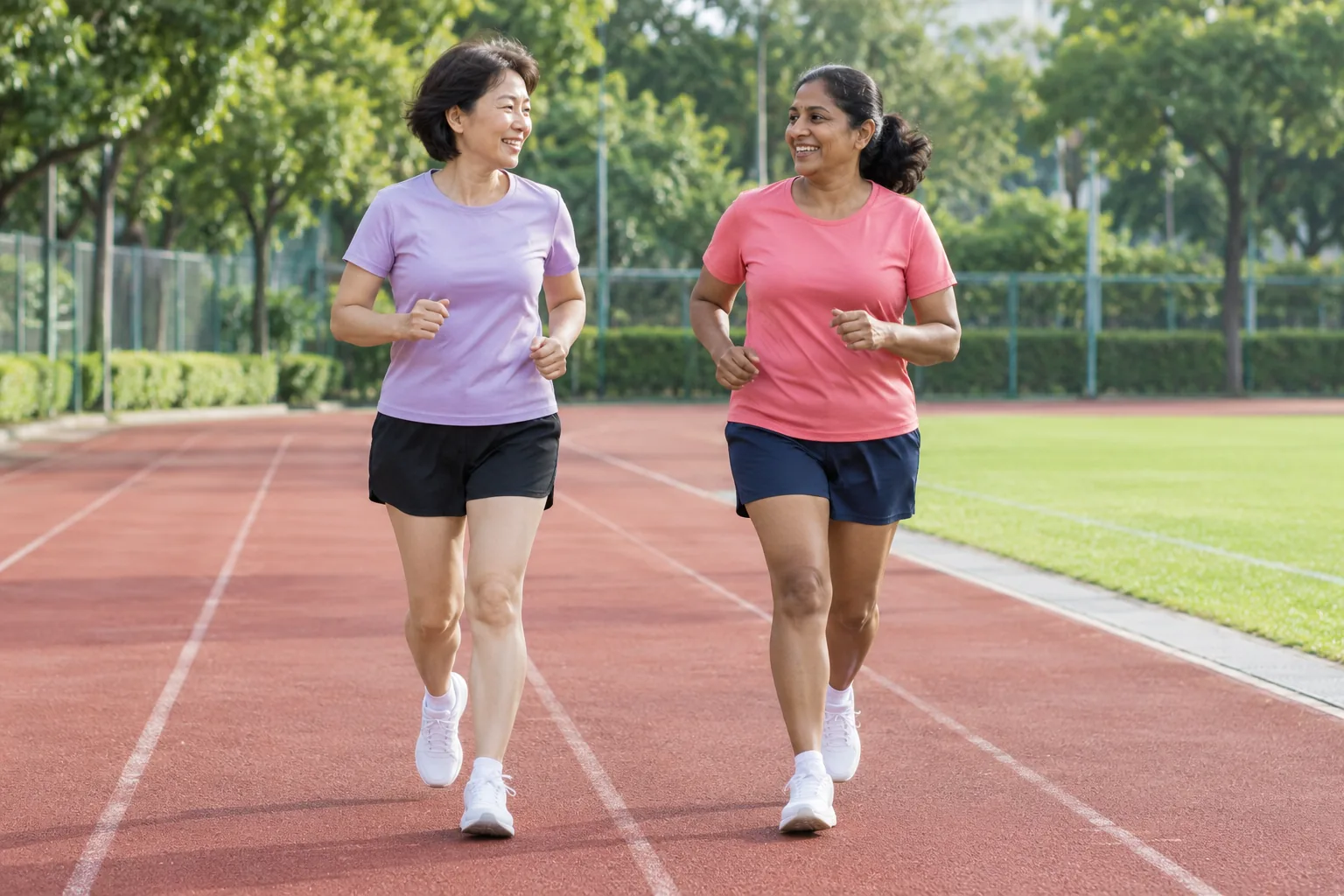 Two women jog side by side on a running track while talking.