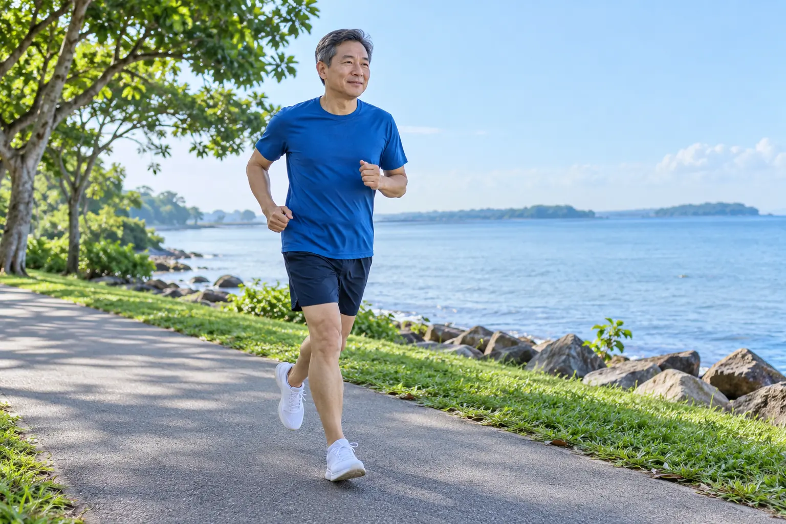 A man runs at an easy pace along a coastal park path beside the sea.