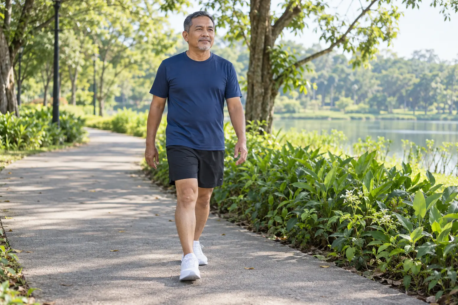 A man slows to a walk on a park path with his hands relaxed at his sides.