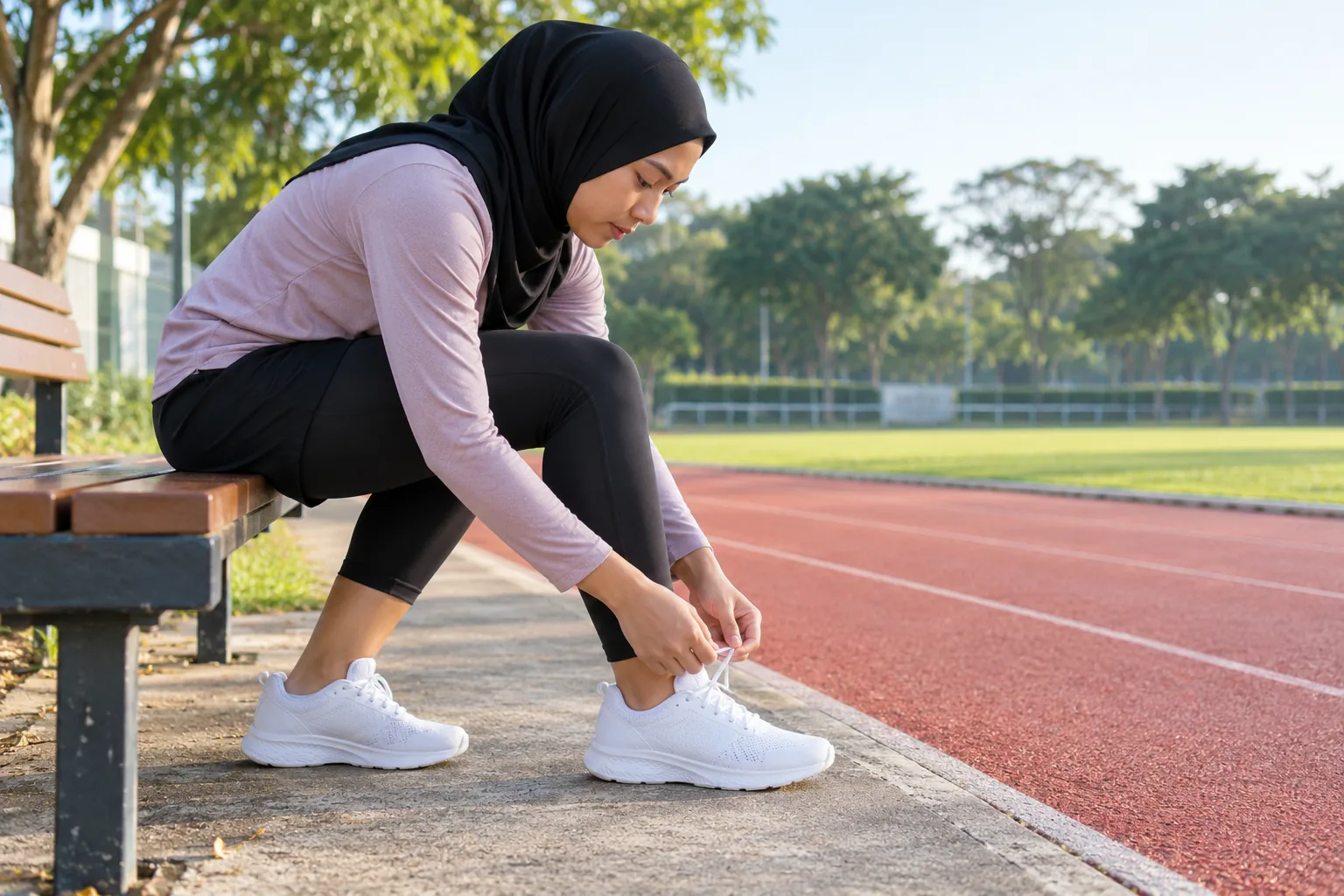 A runner sits beside a track and ties one shoe while her other foot rests flat on the ground.