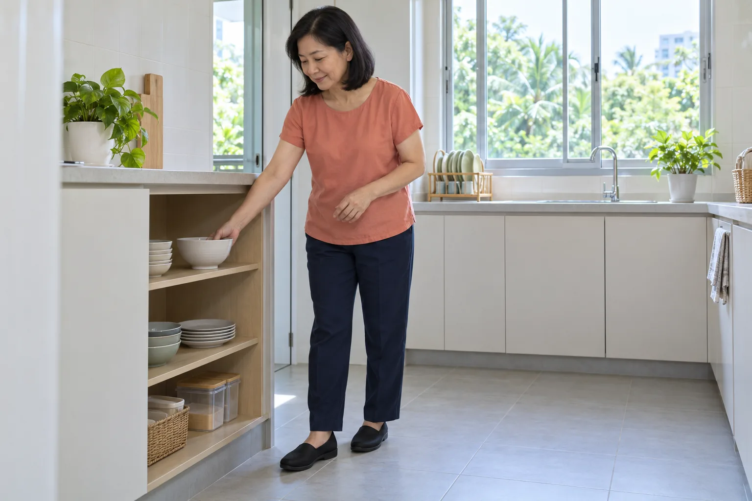 A Chinese woman places a bowl on a low kitchen shelf.