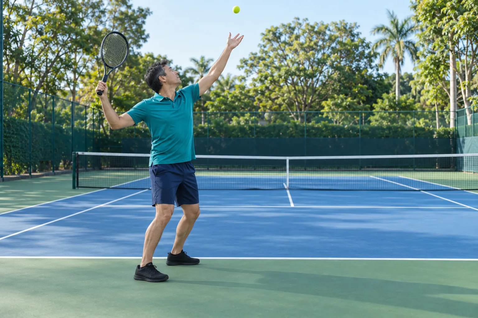 A Eurasian man prepares a tennis serve with both feet behind the baseline.