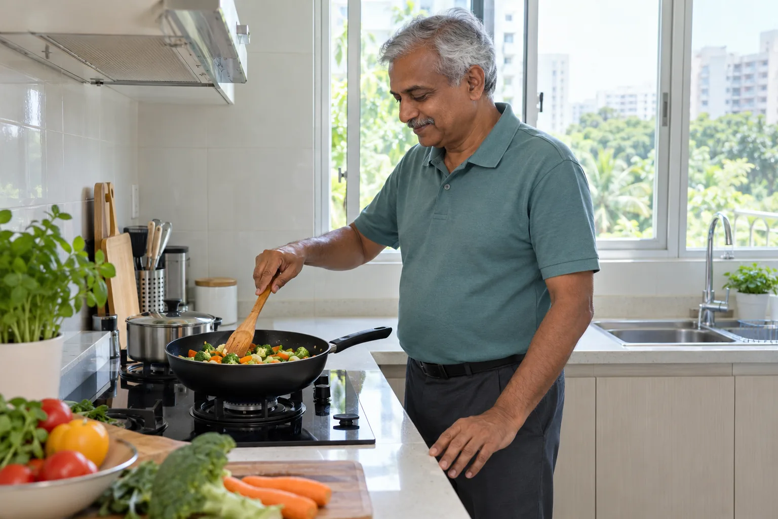 An Indian man cooks vegetables at a bright home kitchen stove.