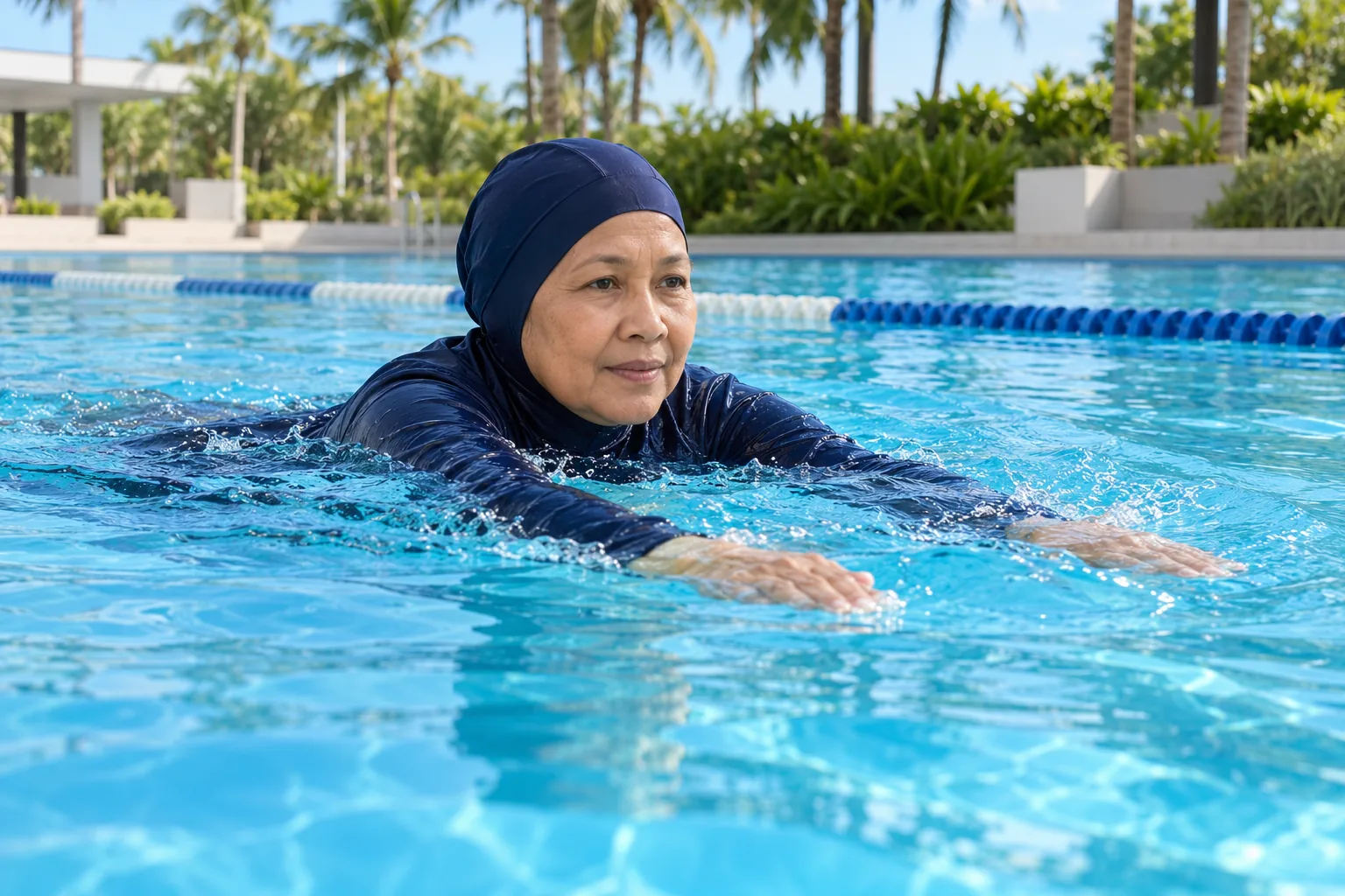A Malay woman swims breaststroke in a public pool lane.