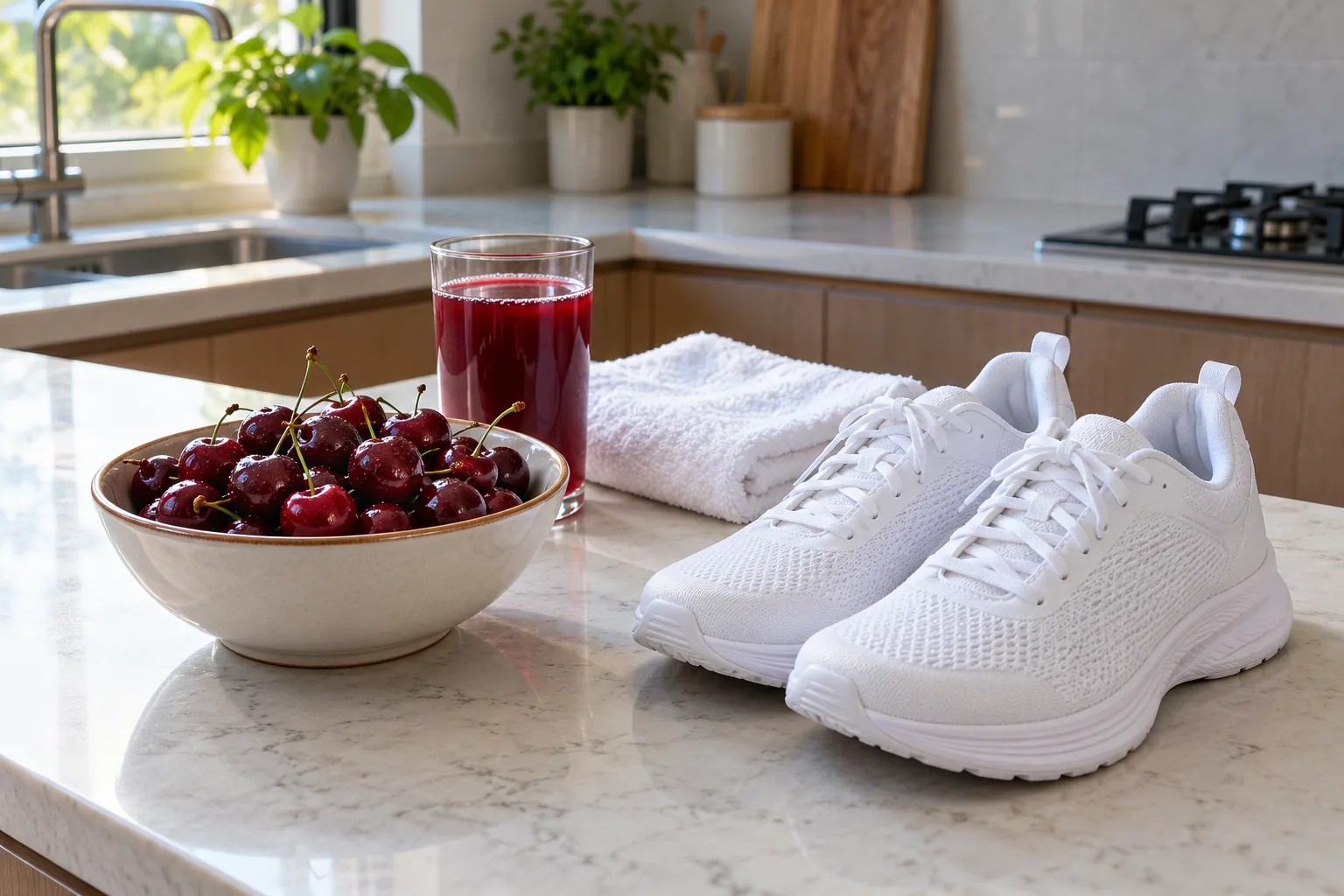 A bowl of cherries and a glass of red juice sit beside a folded towel and running shoes on a kitchen counter.