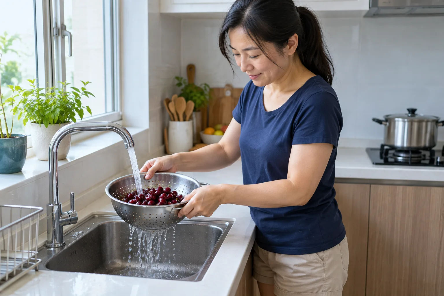A woman rinses fresh cherries in a colander under a kitchen tap.