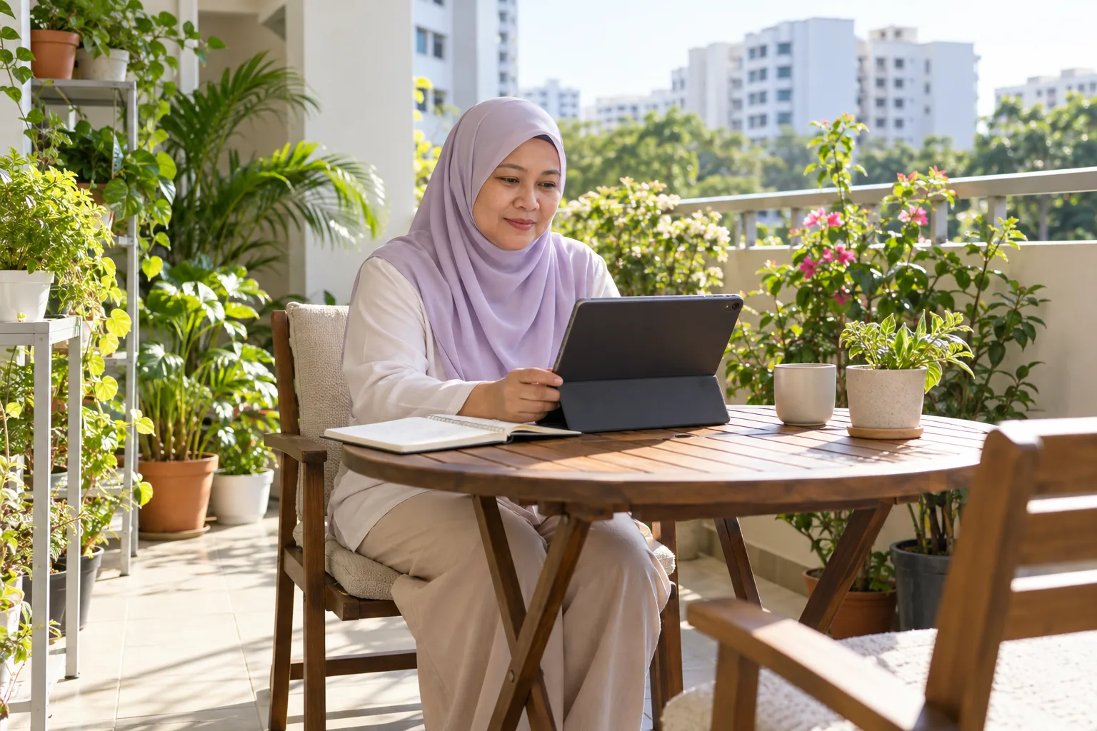 A Malay woman listens to a tablet call at a balcony table beside her notebook and potted plants.