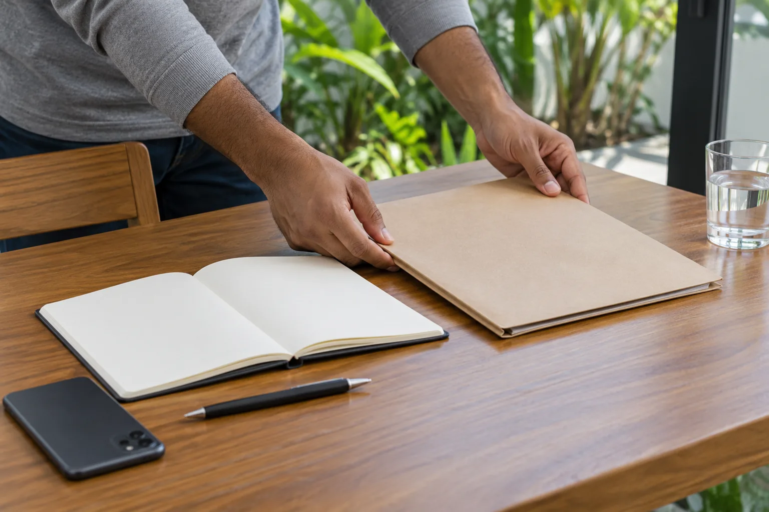 A man arranges a plain folder, notebook, pen and face-down phone on a tidy wooden table.