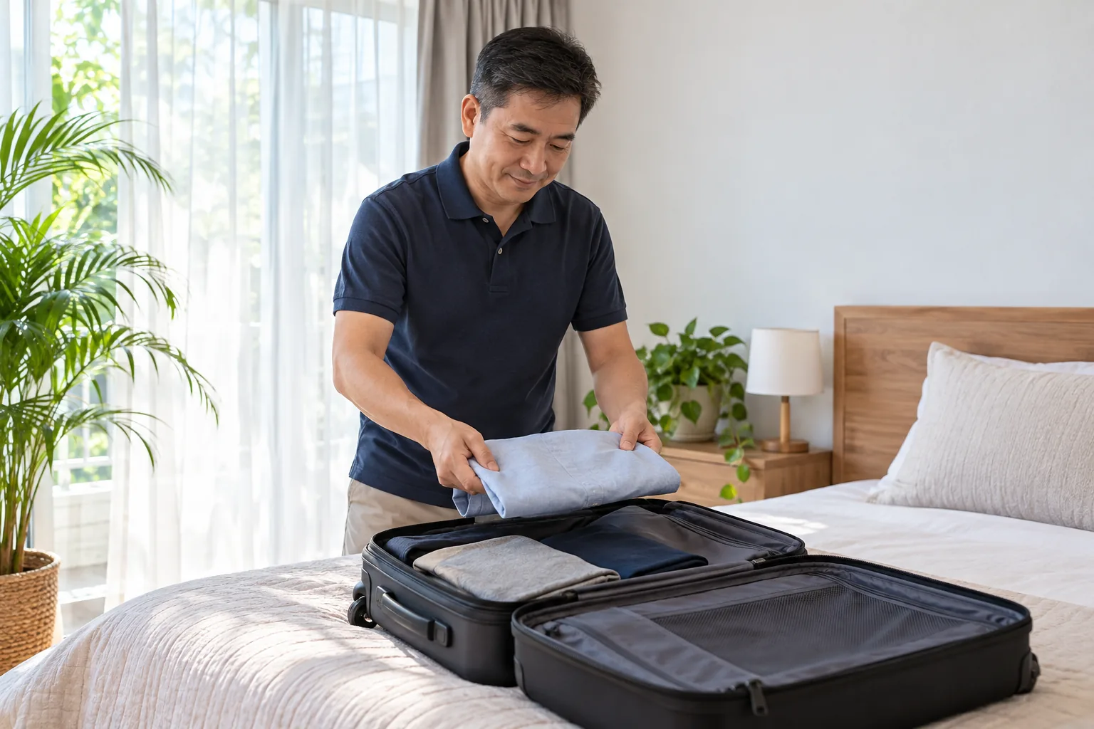 A Chinese man packs a carry-on suitcase in a bright bedroom before travelling.