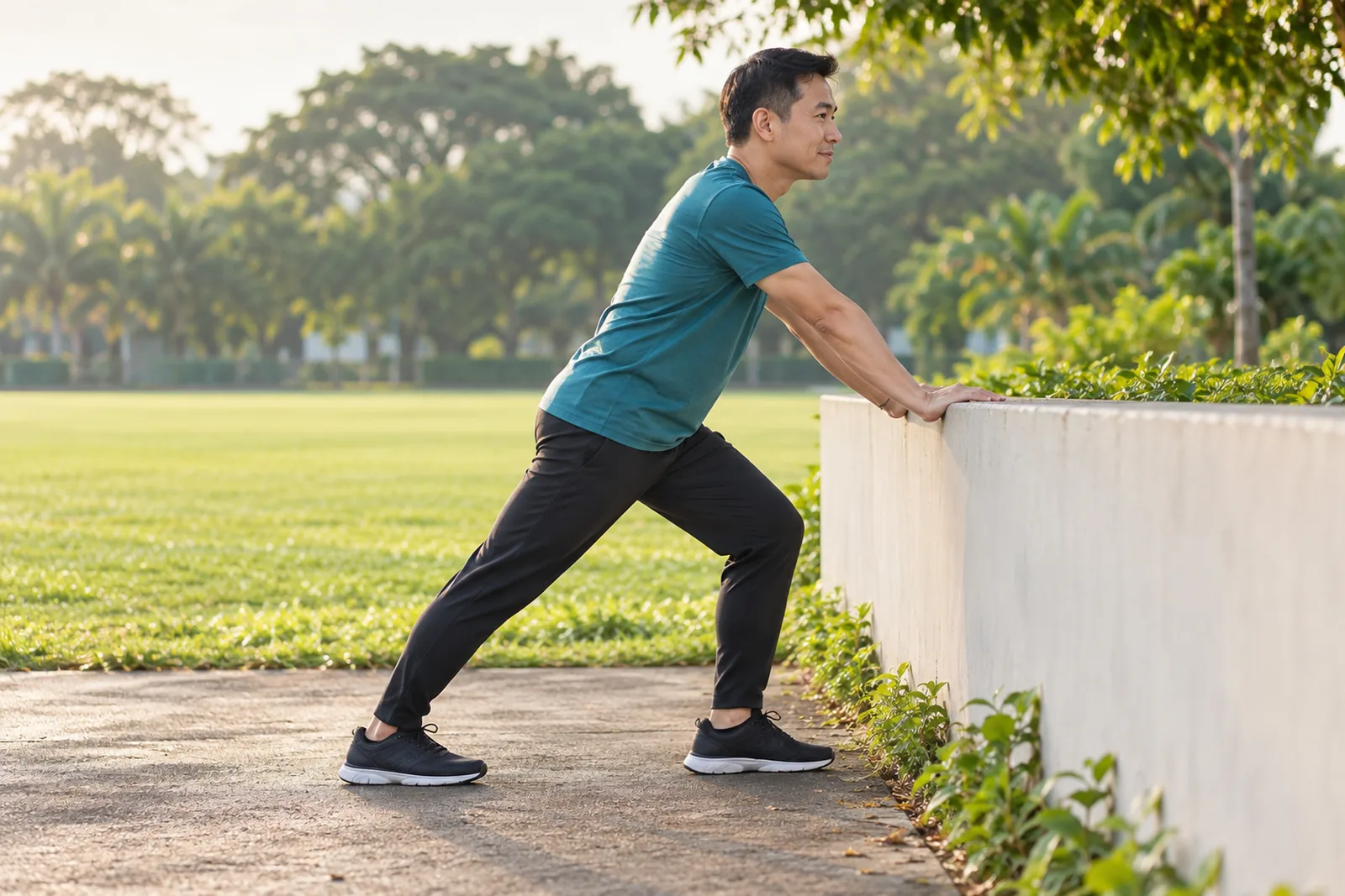 A man stretches one calf against a low wall beside a green school field in the early morning.