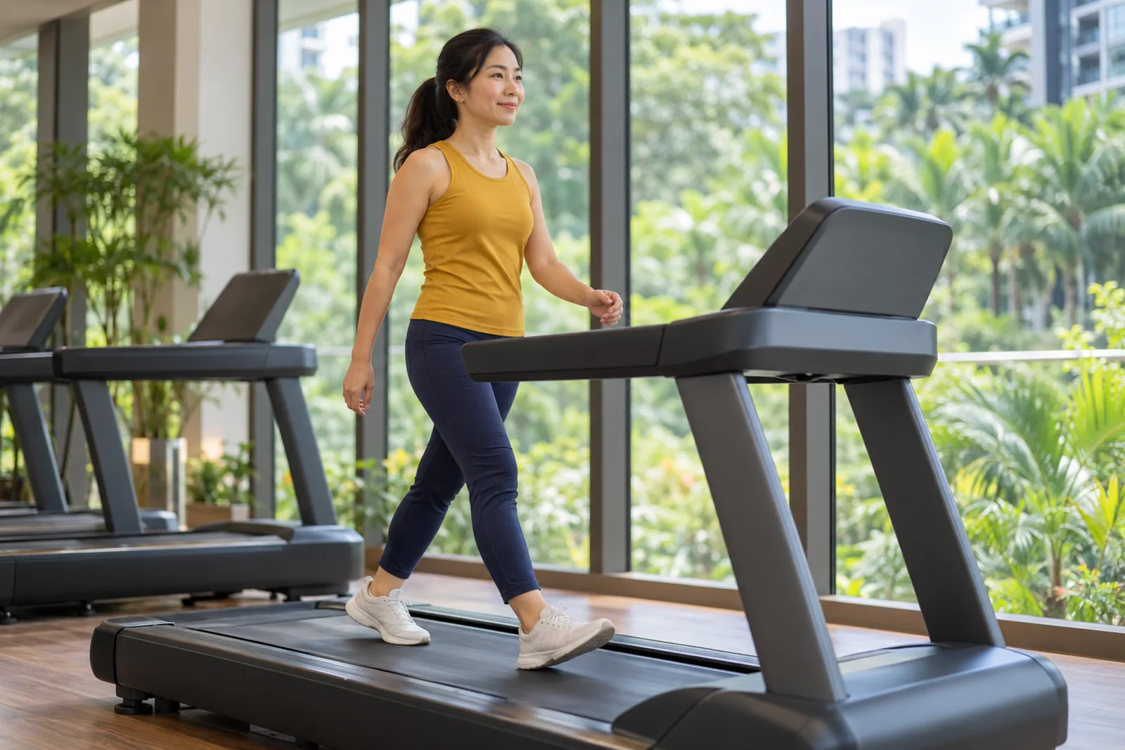 A woman walks briskly on a treadmill in a bright gym with tall windows overlooking greenery.